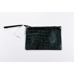 J.Crew 100% Leather Wristlet Wallet Green Croc Embossed Gold Zippper Pouch NWT